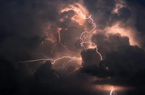 Beautiful view of the lightning and clouds in a thunderstorm in the midwest USA. Stock Photos
