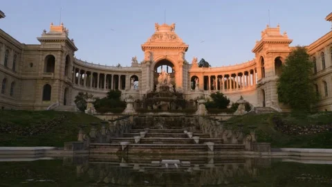 Beautiful view of the Longchamp Palace at sunset in Marseille, France Stock Footage 198903048