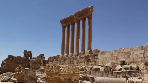 Beautiful view of the Massive columns of the Temple of Jupiter in Baalbek Stock Footage 242048466