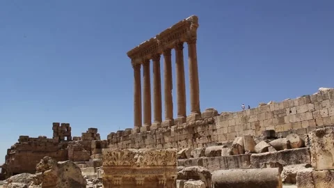 Beautiful view of the Massive columns of the Temple of Jupiter in Baalbek Stock Footage 242048535