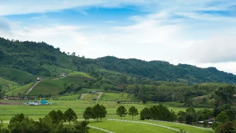 Beautiful view of mountain meadows with blue sky, 4k timelapse Stock Footage 79824598