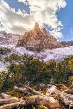 Beautiful view of mountain range on scenic Dolomites, South Tyrol, Italy. Stock Photos