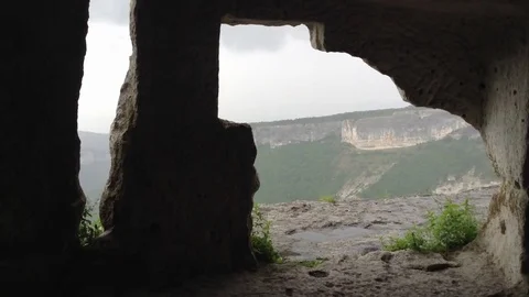 Beautiful view of Mountain valley from the cave at Mangup Kale - Crimea , Russia Stock Footage 73766068