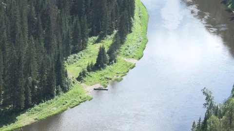 Beautiful view of nature. the view from high to the river in the taiga forest Stock Footage 79324757
