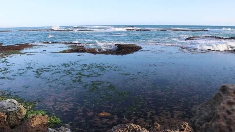 Beautiful view of the ocean and waves splashing the rocks. Stock Footage 292505255