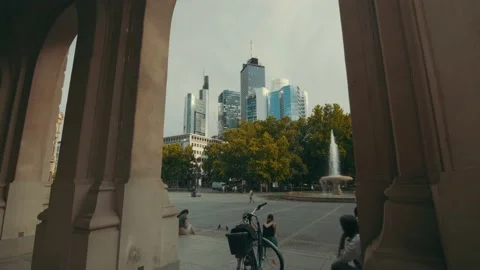 Beautiful View From An Old Opera House Towards Modern Towers In Frankfurt 스톡 동영상 142208019
