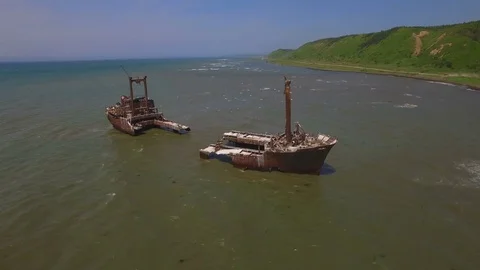 Beautiful view of the old ship in the ocean, aerial Stock Footage 72221650