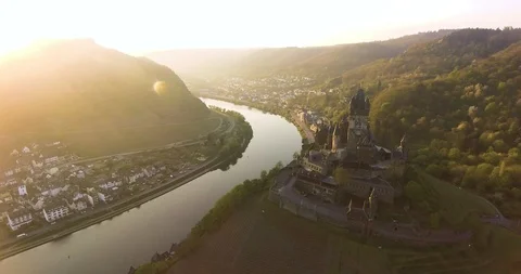 Beautiful view over the castle of Cochem, the Mosel and the surrounding nature Stock Footage 89651086