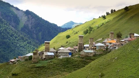 Beautiful view over the high mountain village of Adishi in Georgia Stock Footage 94326403