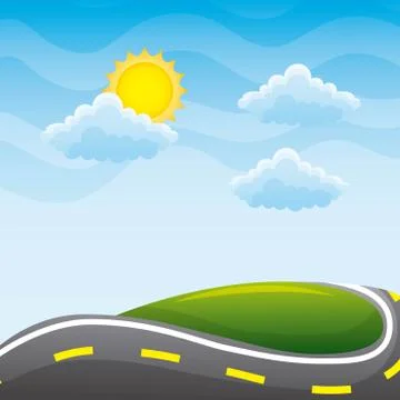 Beautiful view of the paved road hill cloud sun landscape イラスト素材