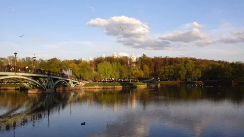 Beautiful view of the pond with a pedestrian bridge in the Tsaritsyno park, Stock Footage 107514315