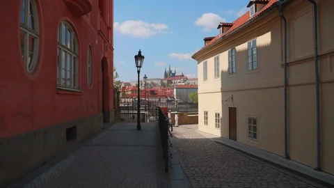 Beautiful view of Prague castle across a small street with old lanterns Video stock 106921976