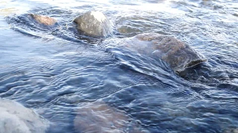 Beautiful view of river. Cold blue clear water washes stones. Stock Footage 117293782