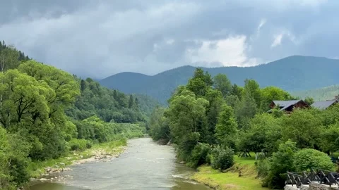 Beautiful view of a river flowing from the mountains. River surrounded by bunch Stock Footage 247405941