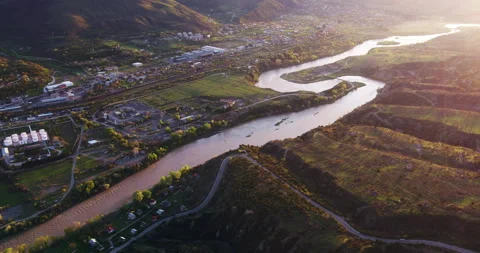 Beautiful view of river on sunset, Golden Hour, sunset. Georgia, Mtkheta Stock Footage 245326989