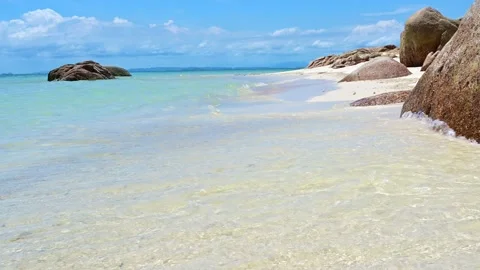 Beautiful view of rocks beach with blue ocean wave. Stock-Footage 156849780