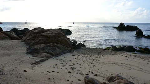 Beautiful view of rocks beach with blue ocean wave. Stock-Footage 156990568
