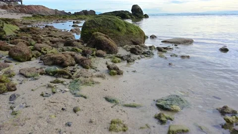 Beautiful view of rocks beach with blue ocean wave. Stock Footage 160711904
