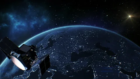 Beautiful View of Satellite Orbiting Planet Earth. Artificial Satellite Opening Stock Footage 169250911