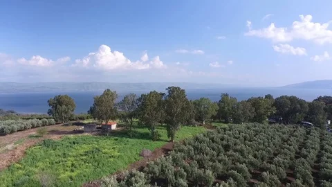Beautiful view of the sea of galilee over the mount of beatitudes, Israel Stock Footage