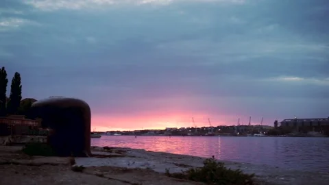 Beautiful view on sea surface with sunset at background. Footage. Water Stock-Footage 136324526