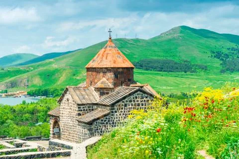 Beautiful view of the Sevanavank Monastery and the mountains of Armenia Stock Photos