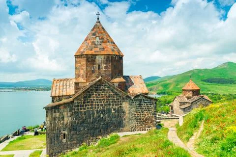 Beautiful view of Sevanavank Monastery and Lake Sevan, sightseeing in Armenia 스톡 사진