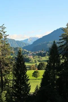 Beautiful view onto a single tree, a small village, houses on a hill and mo.. Foto stock