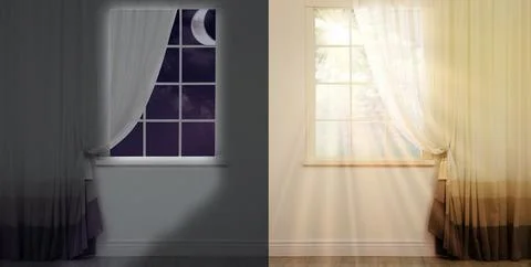 Beautiful view of sky through windows in day and night, collage Stock Illustration