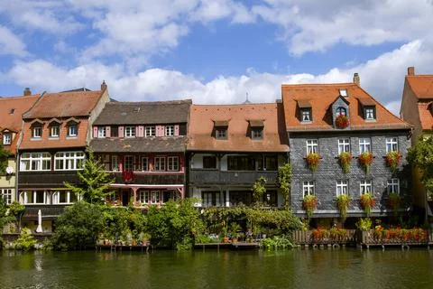 Beautiful view of The small river Regnitz and the old town Bamberg . Stock-Fotos