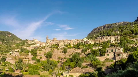 Beautiful view of the small town Valldemossa situated in picturesque mountains Stock Footage 68218288