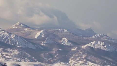 Beautiful view of the snow-covered mountain in Crimea in 4k Stock Footage 101685473