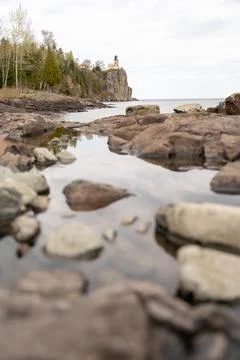 A beautiful view of Split Rock Lighthouse on the rocky coast of Lake Superior. Stock Photos