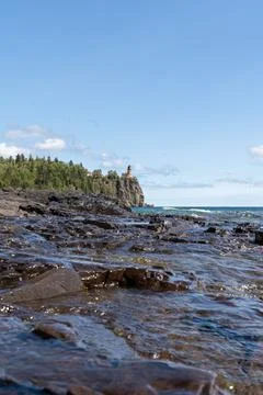 A beautiful view of Split Rock Lighthouse on the rocky coast of Lake Superior. Stock Photos