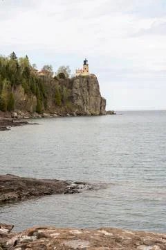 A beautiful view of Split Rock Lighthouse on the rocky coast of Lake Superior. Stock Photos