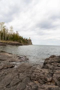 A beautiful view of Split Rock Lighthouse on the rocky coast of Lake Superior. Stock Photos
