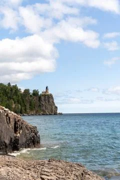 A beautiful view of Split Rock Lighthouse on the rocky coast of Lake Superior. Stock Photos