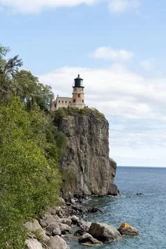 A beautiful view of Split Rock Lighthouse on the rocky coast of Lake Superior. Stock Photos