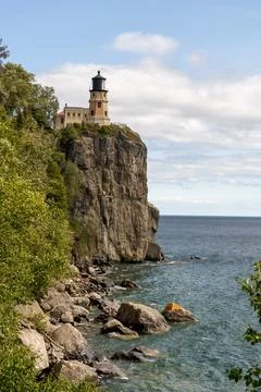 A beautiful view of Split Rock Lighthouse on the rocky coast of Lake Superior. Stock Photos