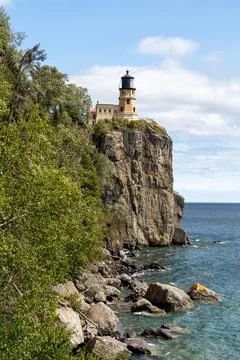 A beautiful view of Split Rock Lighthouse on the rocky coast of Lake Superior. Stock Photos