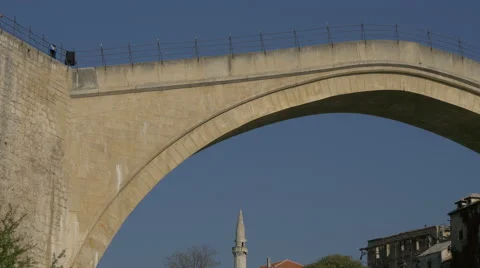 Beautiful view of Stari Most and the mosque's tower in Mostar Stock Footage 59094495