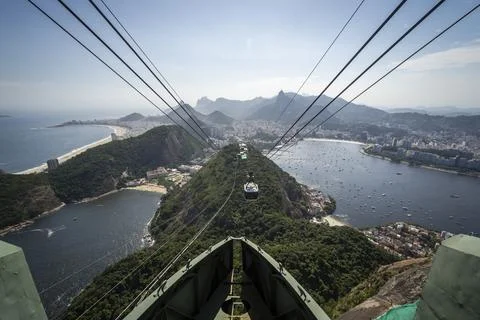 Beautiful view from Sugar Loaf Mountain cable car in Rio de Janeiro Stock Photos
