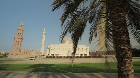 Beautiful view of the Sultan Qaboos Grand Mosque in Muscat, Oman. Panning motion Stock Footage 117282941