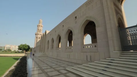 Beautiful view of the Sultan Qaboos Grand Mosque in Muscat, Oman. Panning motion Stock Footage 117283473