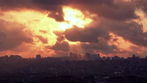 Beautiful view of sunset on the cloudy sky over city, Turkey Video stock 81494653