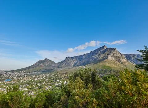 Beautiful view of Table Mountain on a sunny Summer day. Isolate, serene and Stock Photos