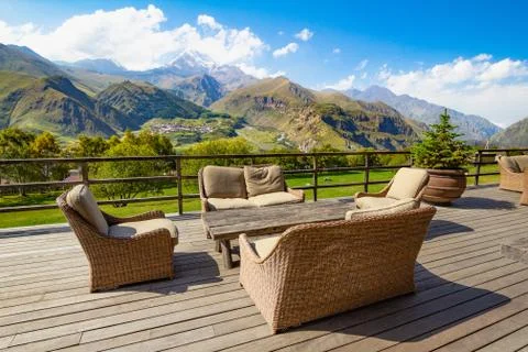 Beautiful view from terrace cafe of the overlooking the high mountain top Kaz Stock Photos