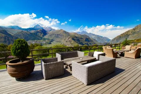 Beautiful view from terrace cafe of the overlooking the high mountain top Kaz Stock Photos