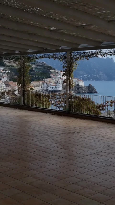 Beautiful view from the terrace with flowers on the Amalfi coast, Italy. Stock Footage 277911091