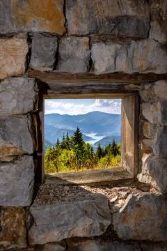 A beautiful view through the frame of the old window Stock Photos